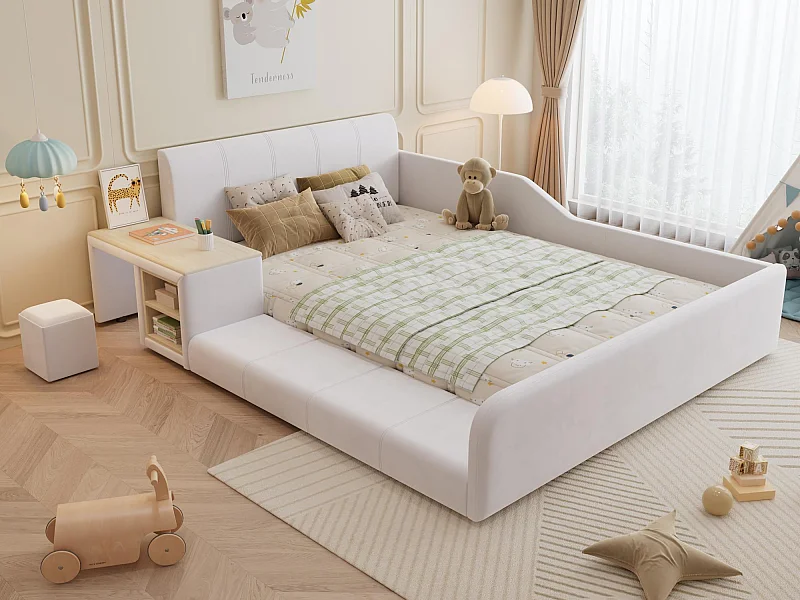 Lit enfant rembourré 140x200cm en velours - avec bureau et tabouret pour enfants - avec étagère de rangement - Blanc (sans matelas)