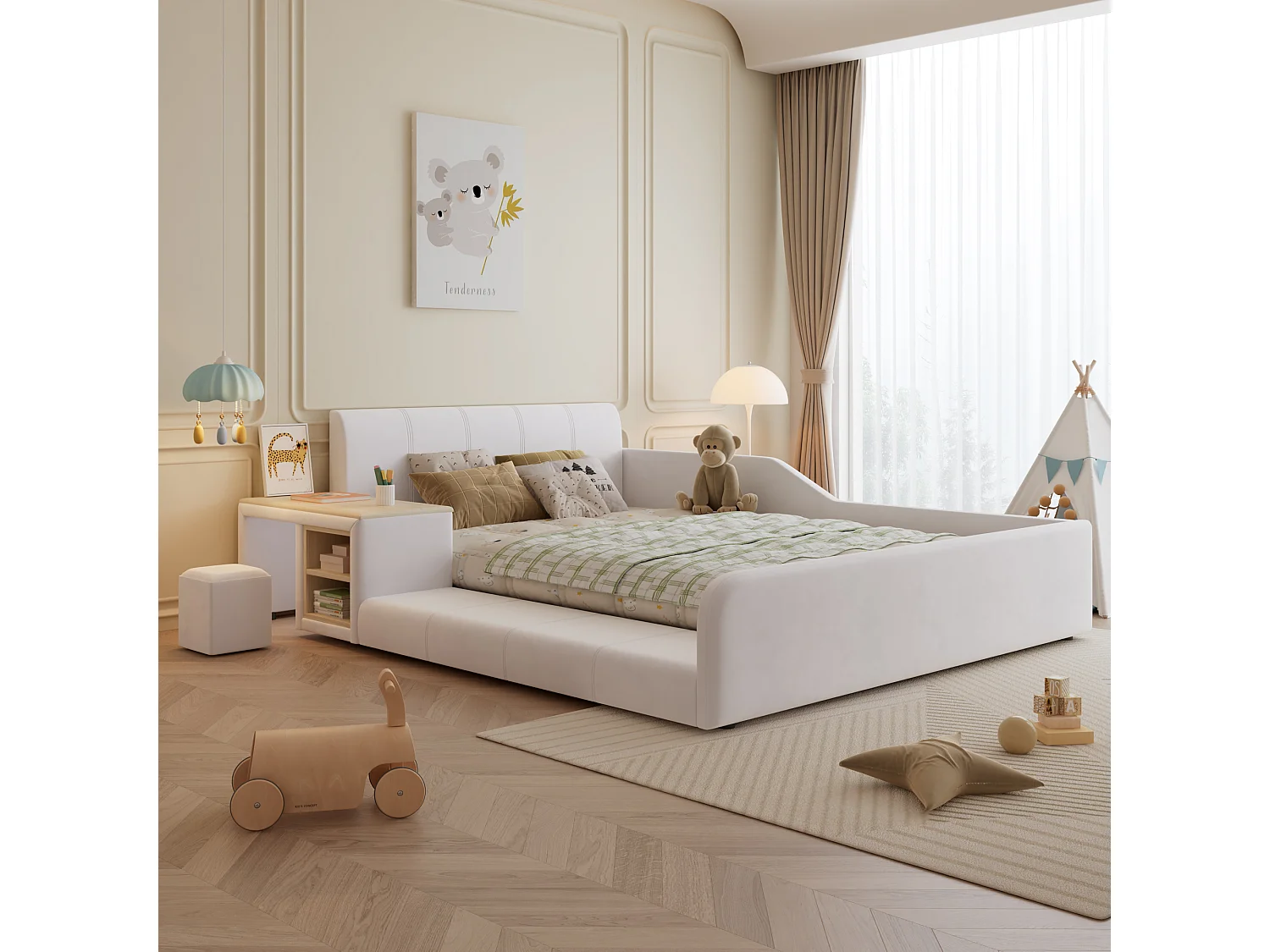 Lit enfant rembourré 140x200cm en velours - avec bureau et tabouret pour enfants - avec étagère de rangement - Blanc (sans matelas)