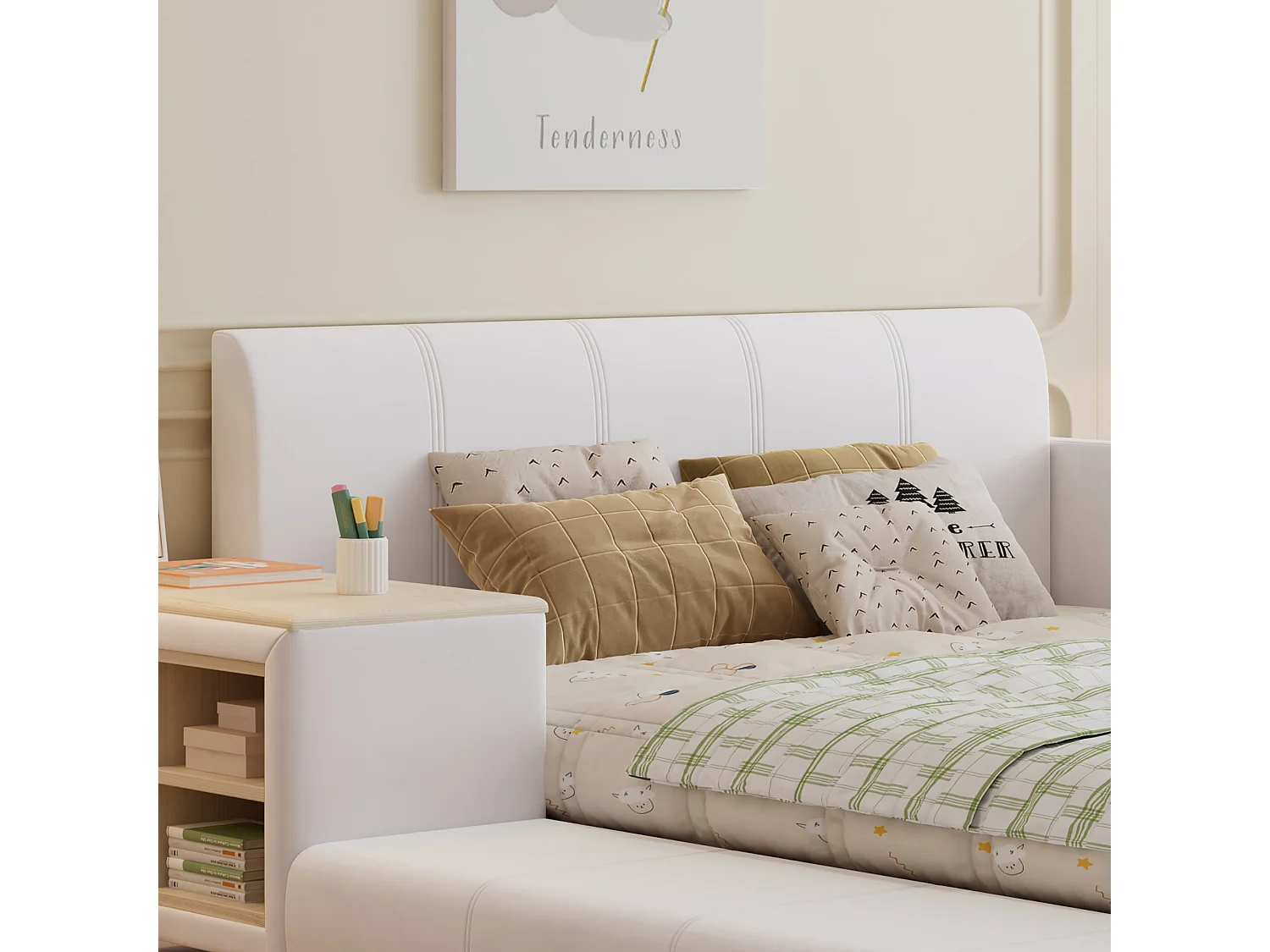 Lit enfant rembourré 140x200cm en velours - avec bureau et tabouret pour enfants - avec étagère de rangement - Blanc (sans matelas)
