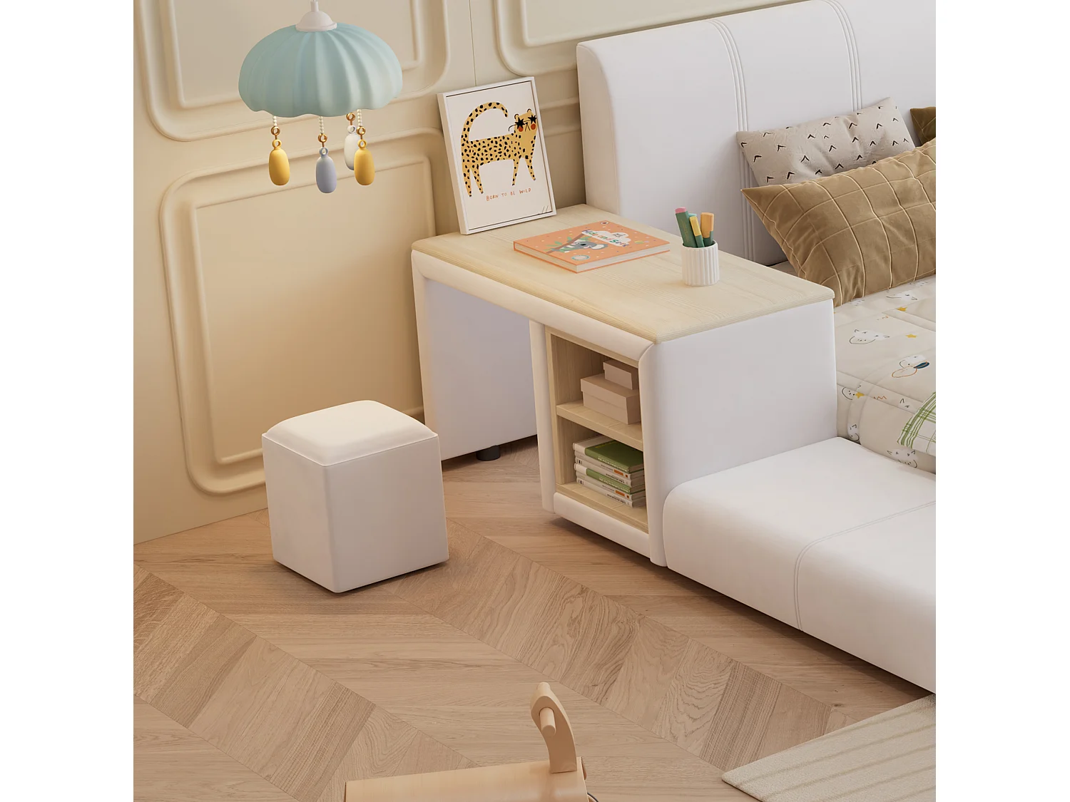 Gepolstertes Kinderbett 140x200cm aus Samt - mit Schreibtisch und Kinderhocker - mit Ablagefach - Weiß (ohne Matratze)