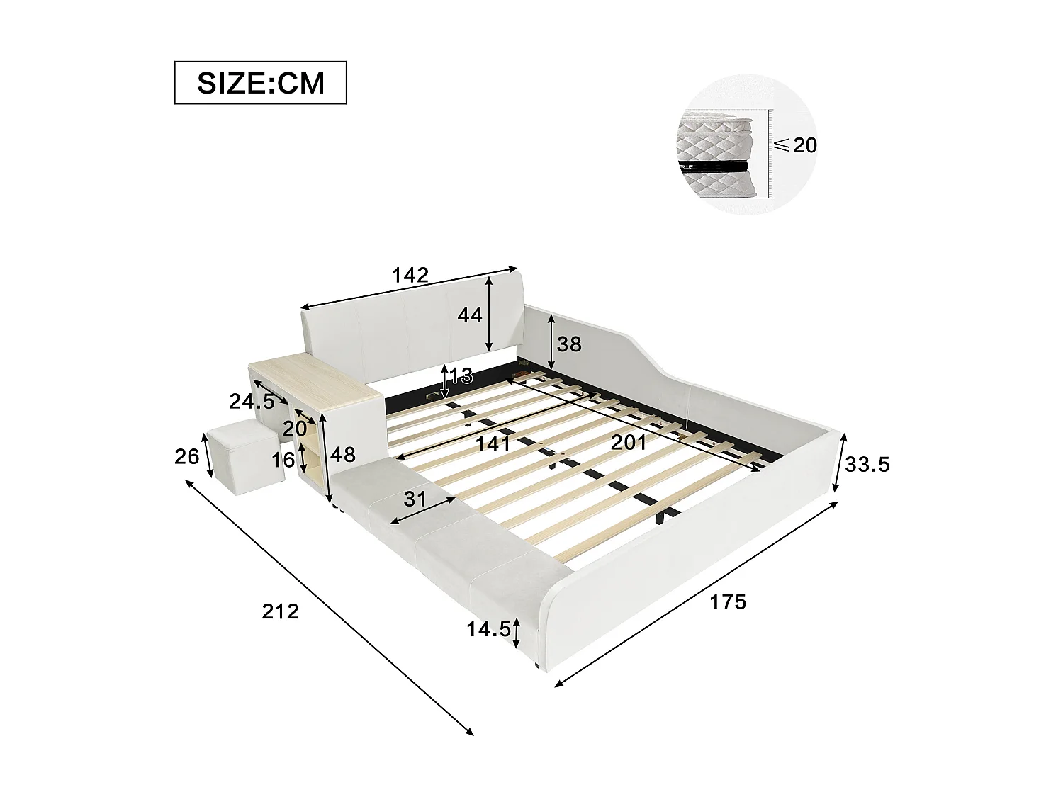 Gepolstertes Kinderbett 140x200cm aus Samt - mit Schreibtisch und Kinderhocker - mit Ablagefach - Weiß (ohne Matratze)