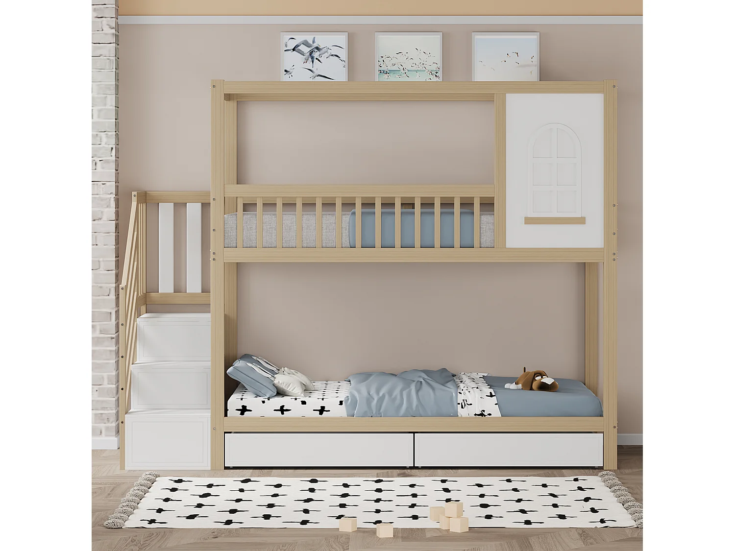 Lit superposé 90x200 cm en bois massif, design maison avec fenêtres, barrière de sécurité, tiroirs et échelle, couleur bois naturel