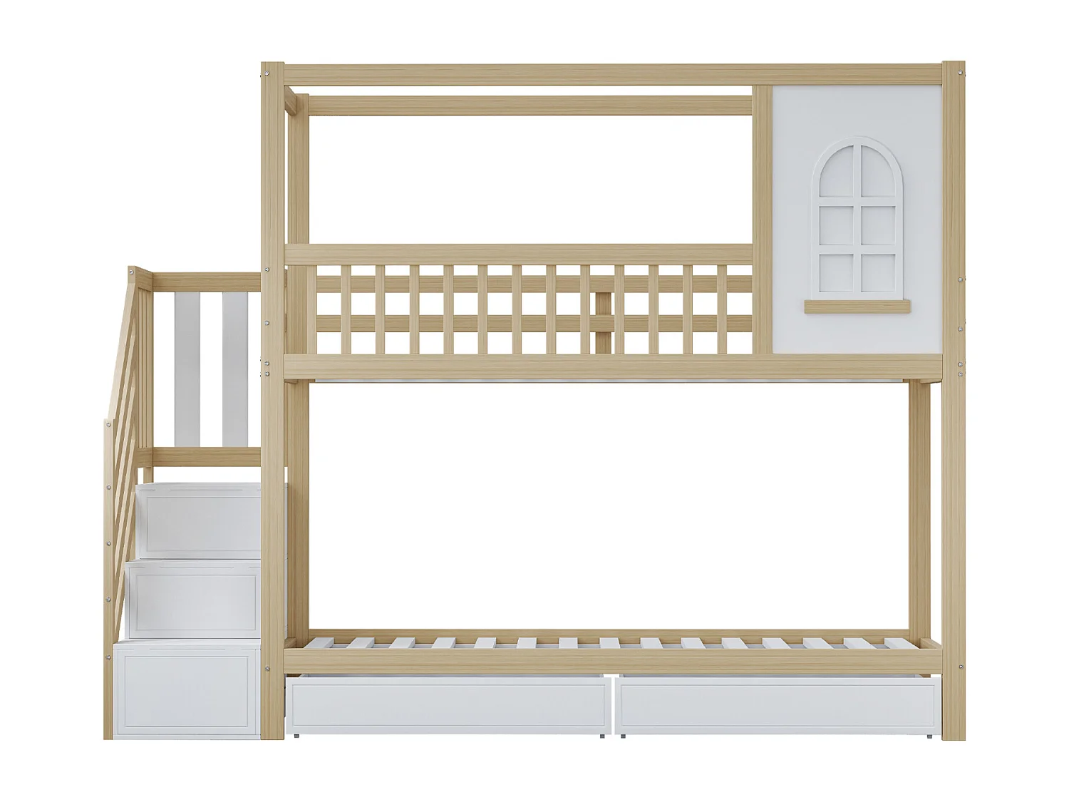 Lit superposé 90x200 cm en bois massif, design maison avec fenêtres, barrière de sécurité, tiroirs et échelle, couleur bois naturel