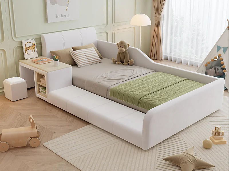 Lit enfant rembourré 90x200cm en velours - avec bureau et tabouret pour enfants - avec étagère de rangement - Blanc (sans matelas)