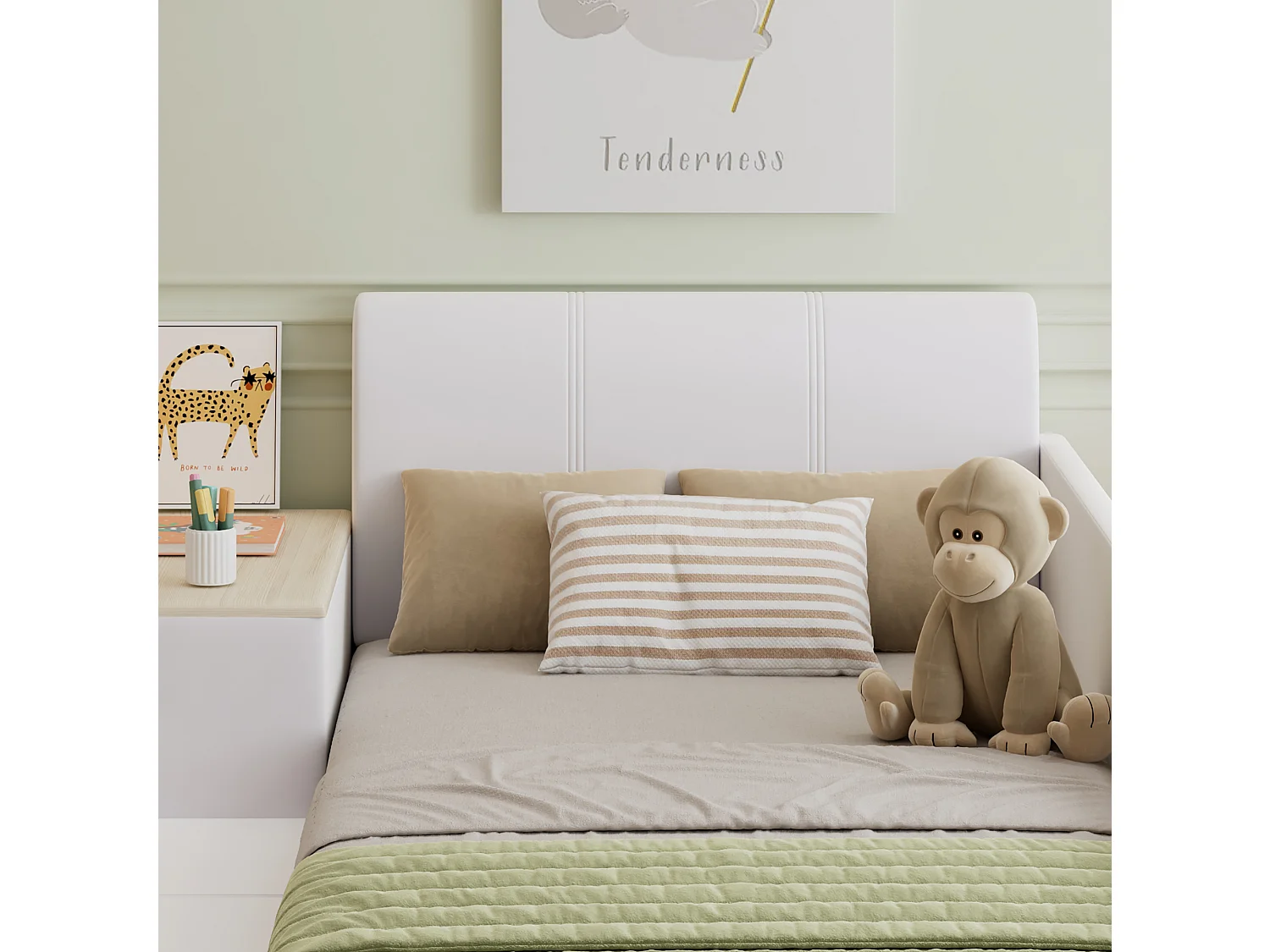 Lit enfant rembourré 90x200cm en velours - avec bureau et tabouret pour enfants - avec étagère de rangement - Blanc (sans matelas)