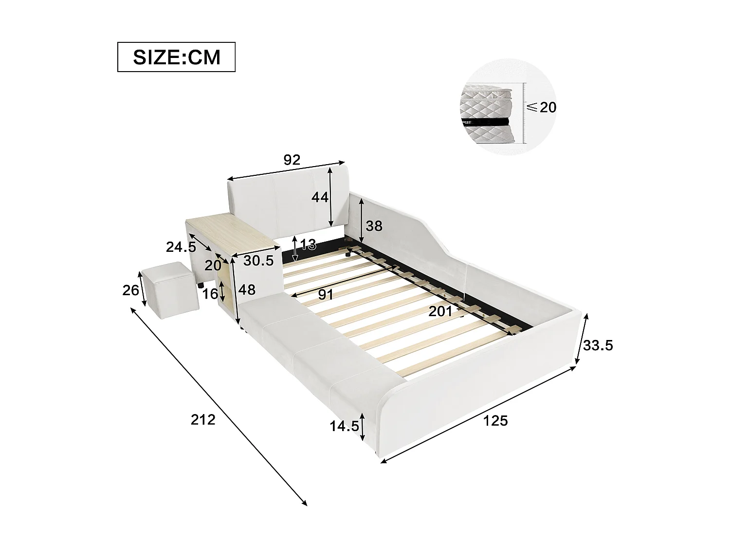 Lit enfant rembourré 90x200cm en velours - avec bureau et tabouret pour enfants - avec étagère de rangement - Blanc (sans matelas)