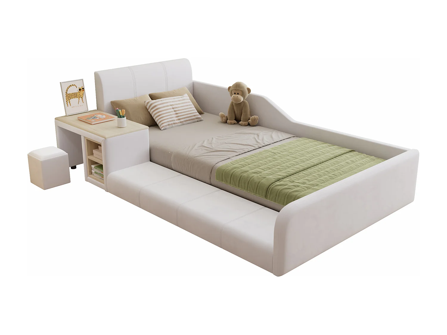 Lit enfant rembourré 90x200cm en velours - avec bureau et tabouret pour enfants - avec étagère de rangement - Blanc (sans matelas)