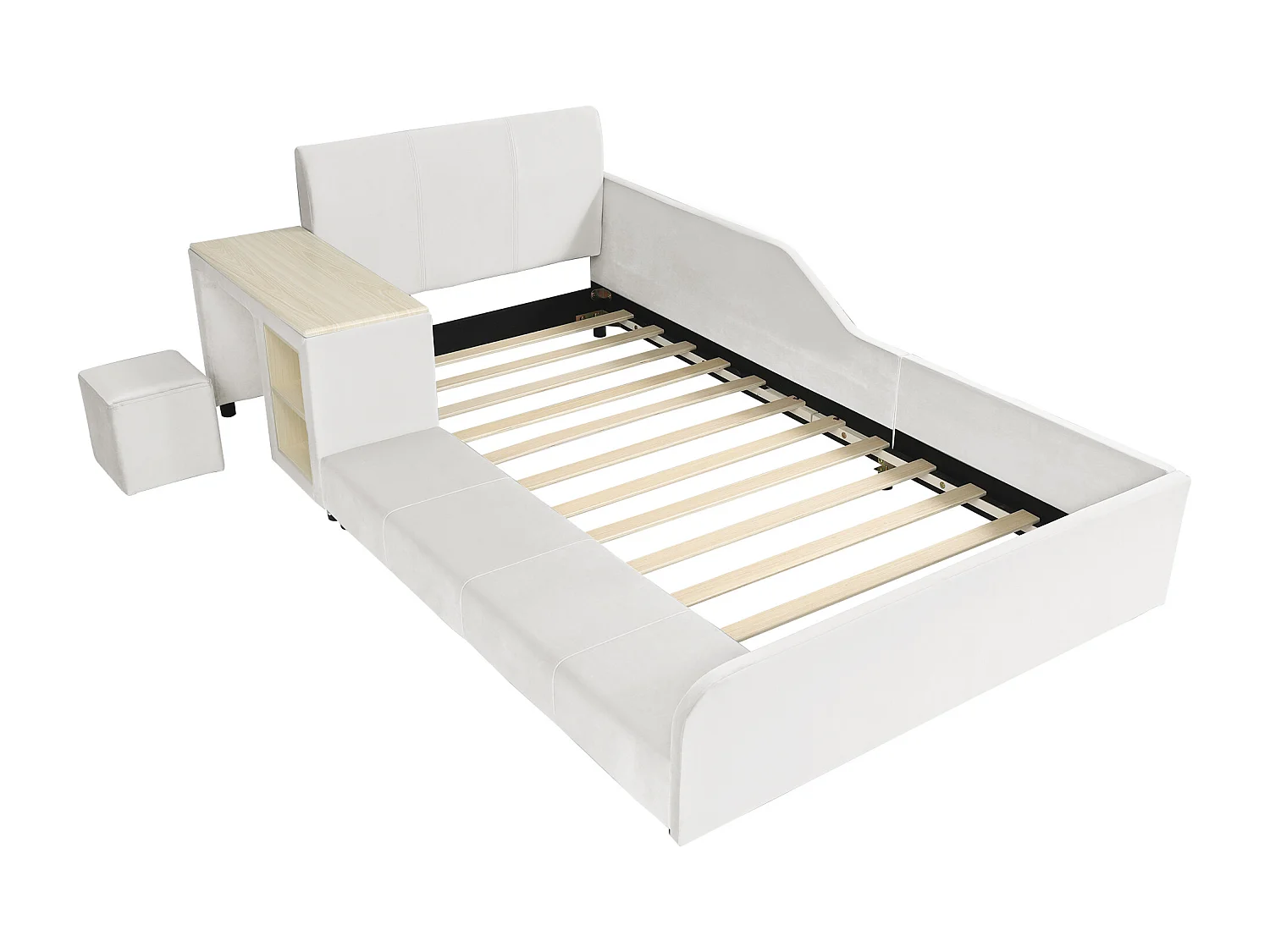 Cama infantil estofada 90x200cm de veludo - com escrivaninha e banquinho infantil - com prateleira de armazenamento - Branco (sem colchão)