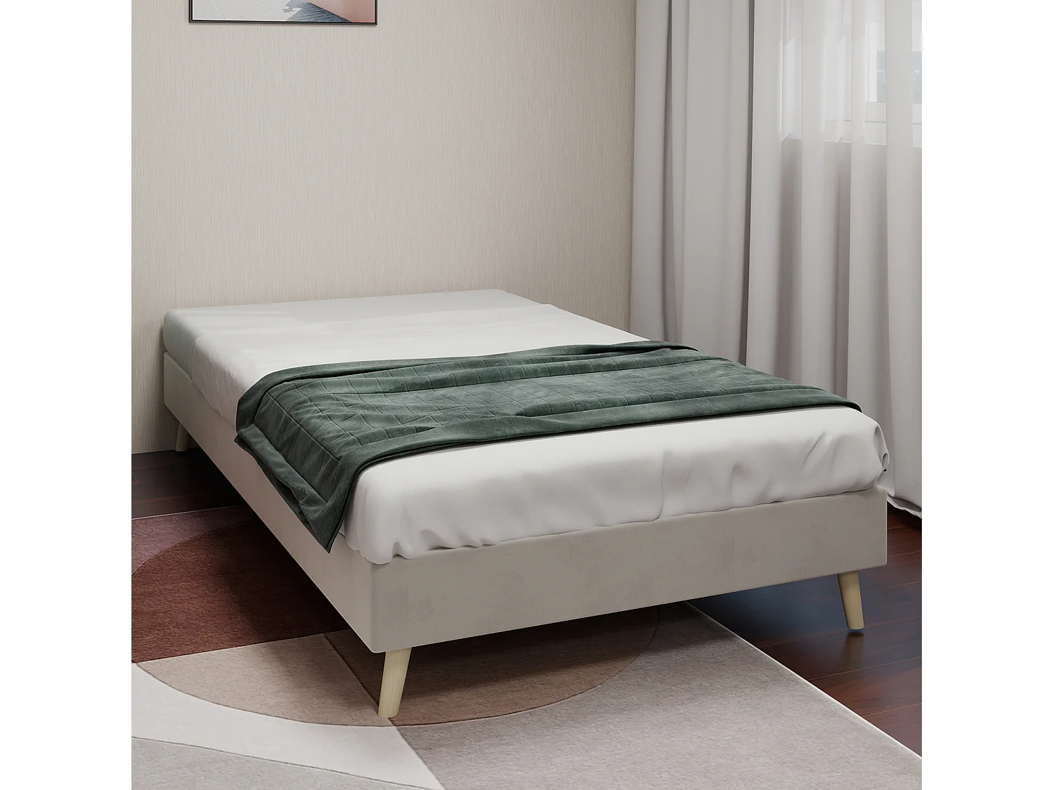 Struttura letto minimalista 90x200 cm, velluto beige, base bassa, arredamento moderno, senza meccanismo di sollevamento a gas, testiera e materasso