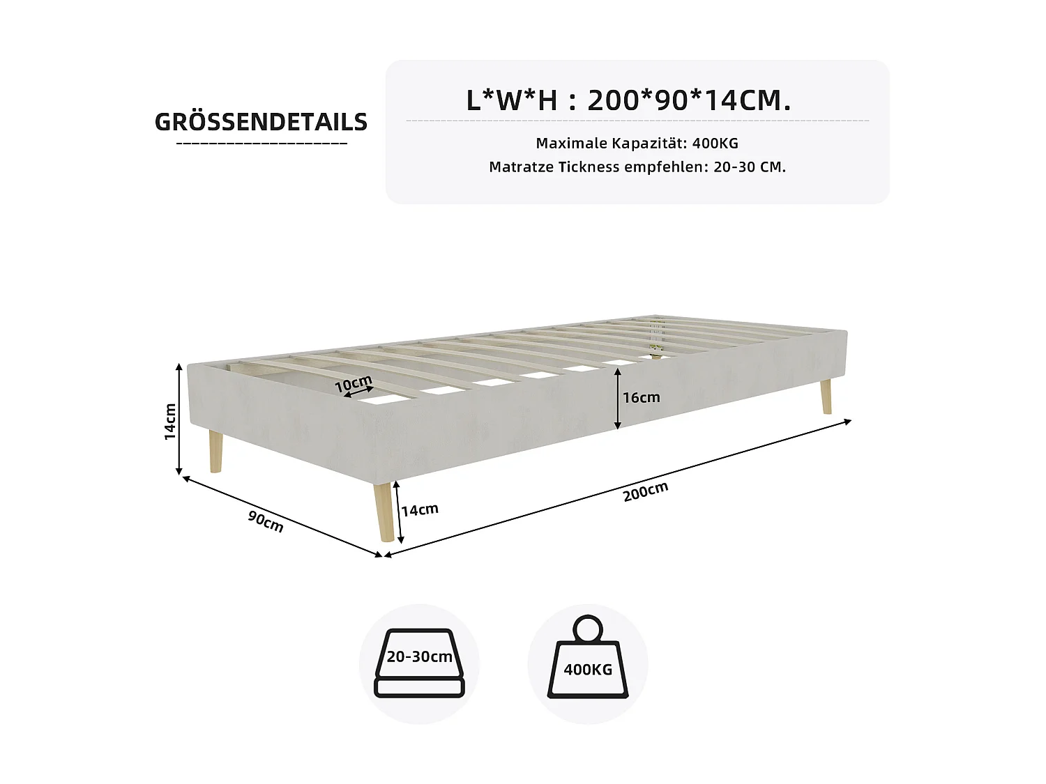 Struttura letto minimalista 90x200 cm, velluto beige, base bassa, arredamento moderno, senza meccanismo di sollevamento a gas, testiera e materasso