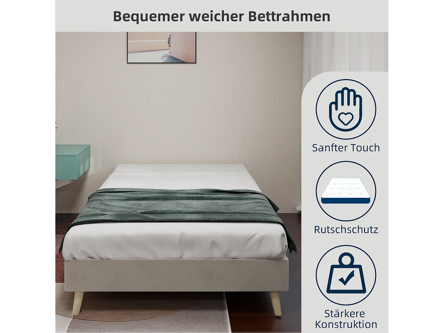 Struttura letto minimalista 90x200 cm, velluto beige, base bassa, arredamento moderno, senza meccanismo di sollevamento a gas, testiera e materasso