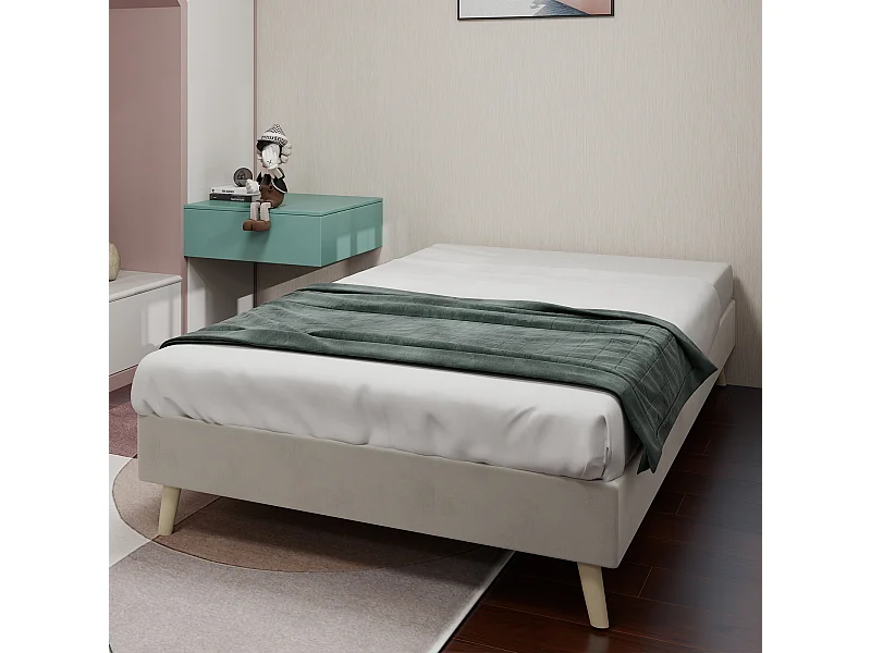 Struttura letto minimalista 90x200 cm, velluto beige, base bassa, arredamento moderno, senza meccanismo di sollevamento a gas, testiera e materasso