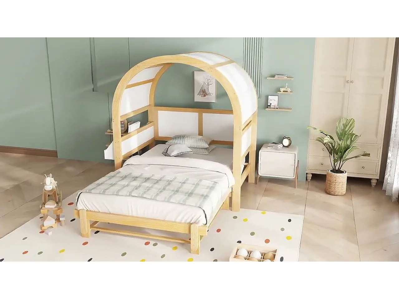 Kinderausziehbett 140x200cm - mit Seitengestell - Massivholz + MDF - Weiß + Natur (ohne Matratze)