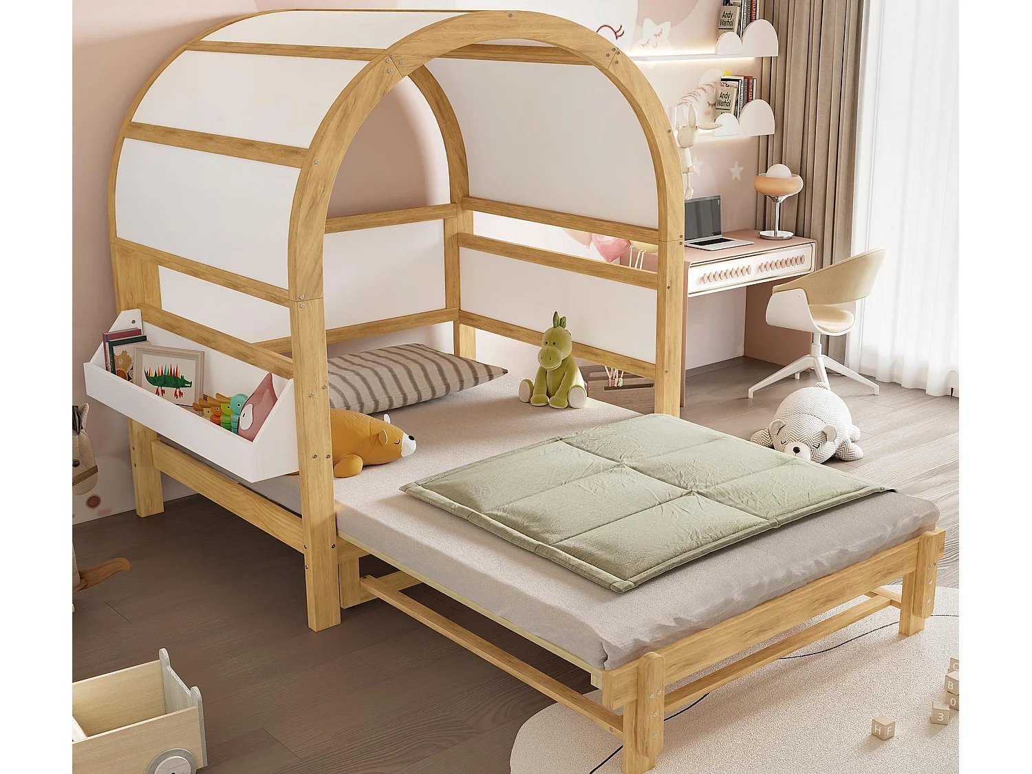 Kinderausziehbett 140x200cm - mit Seitengestell - Massivholz + MDF - Weiß + Natur (ohne Matratze)