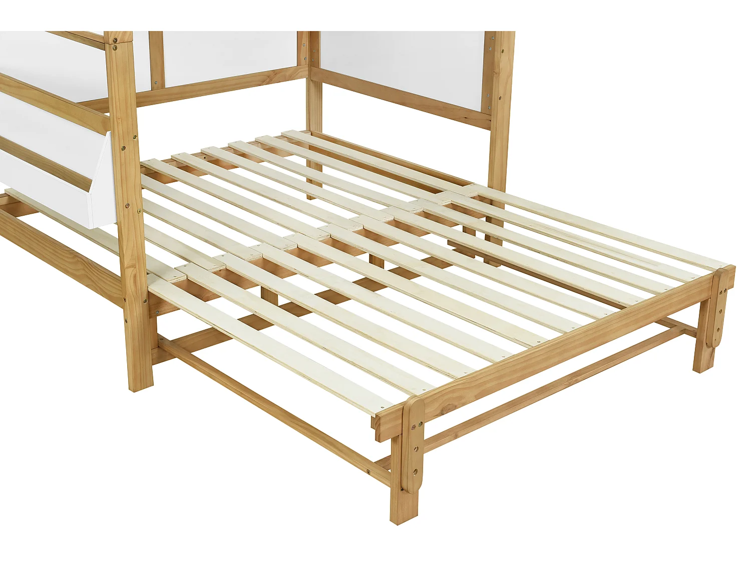 Kinderausziehbett 140x200cm - mit Seitengestell - Massivholz + MDF - Weiß + Natur (ohne Matratze)