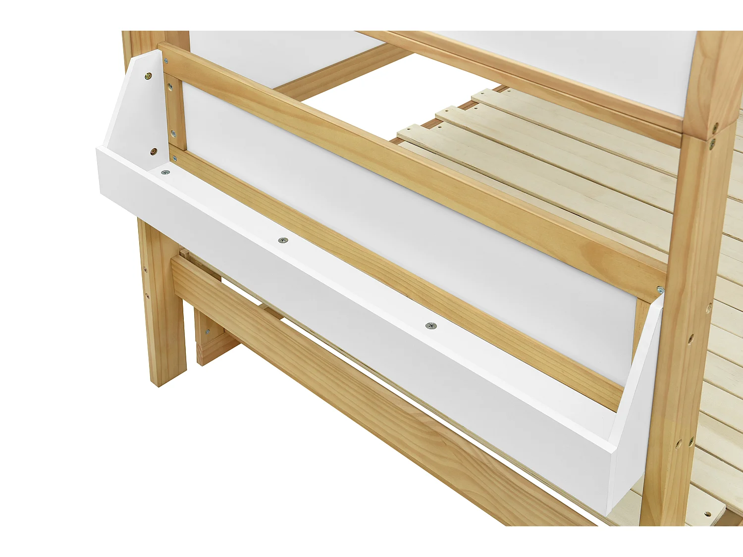 Letto a scomparsa per bambini 140x200cm - con ripiano laterale - Legno massello + MDF - Bianco + Naturale (senza materasso)