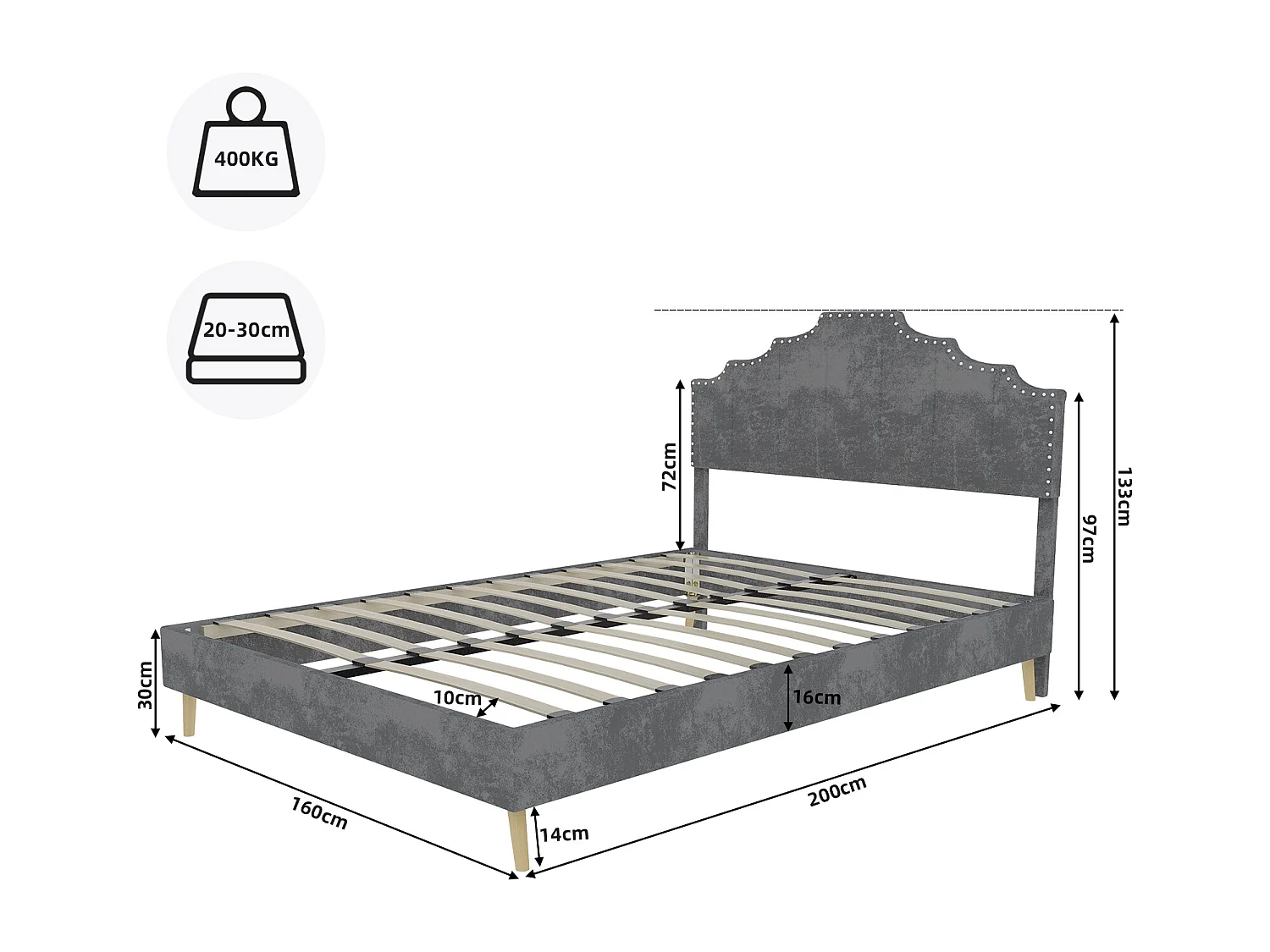 Letto moderno minimalista 160x200 cm, comoda testiera, grigio, mobile multifunzionale, base bassa, senza sbarra ad aria e materasso