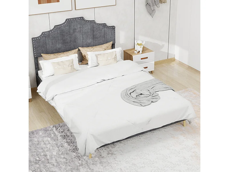 Letto moderno minimalista 160x200 cm, comoda testiera, grigio, mobile multifunzionale, base bassa, senza sbarra ad aria e materasso