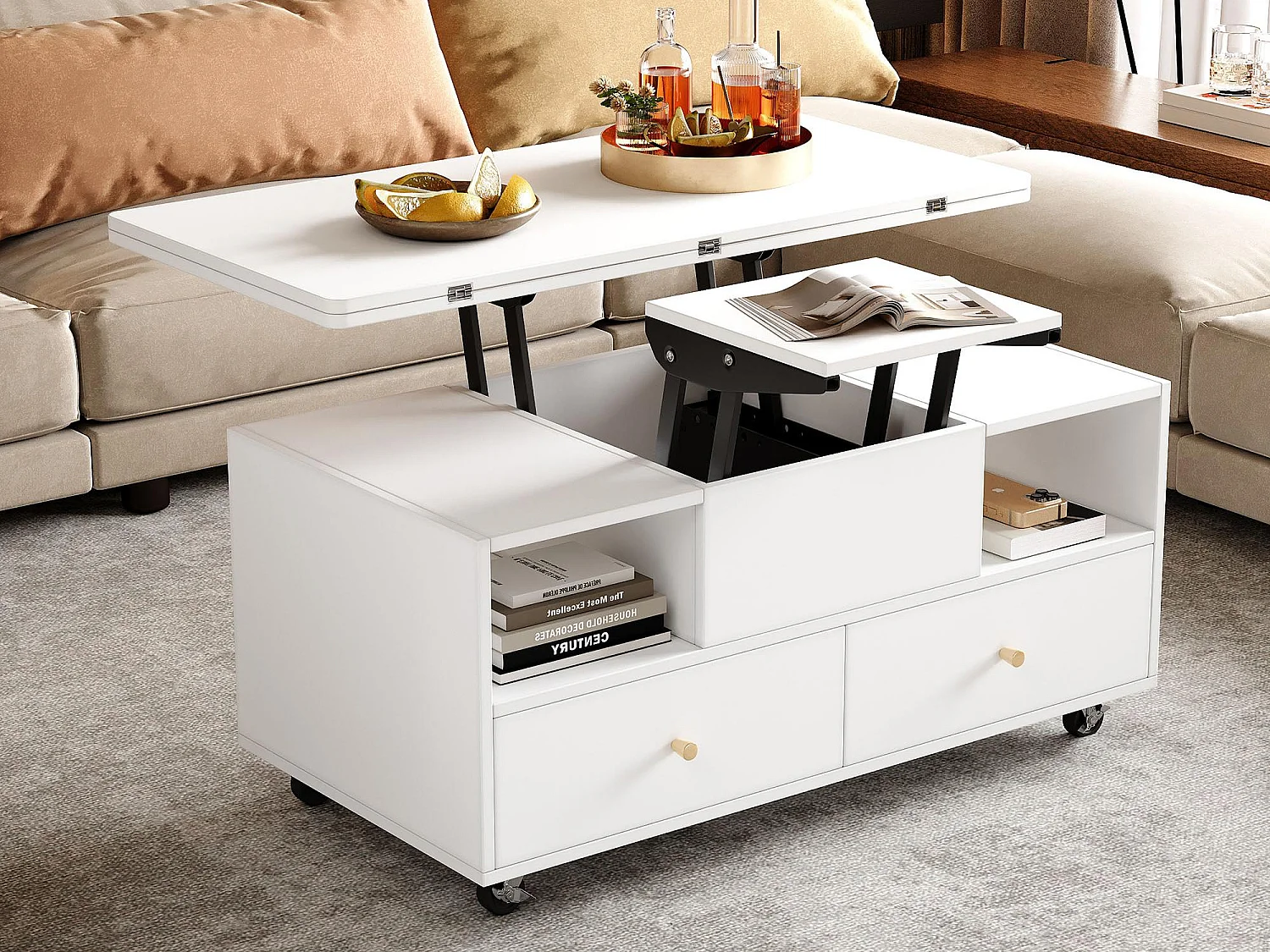 Salontafel 100×50×47.5 cm - met opklapfunctie - 4 laden - met draaibare wieltjes - wit