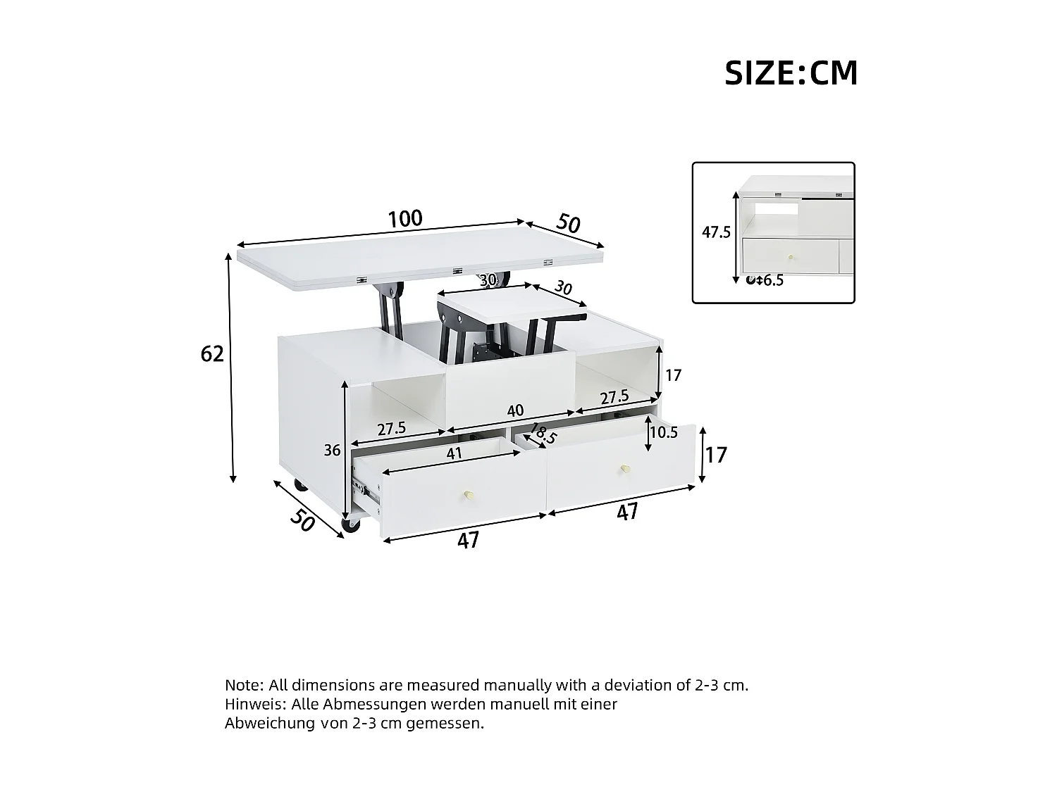 Salontafel 100×50×47.5 cm - met opklapfunctie - 4 laden - met draaibare wieltjes - wit