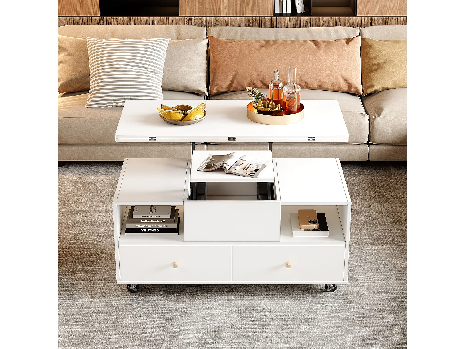 Salontafel 100×50×47.5 cm - met opklapfunctie - 4 laden - met draaibare wieltjes - wit