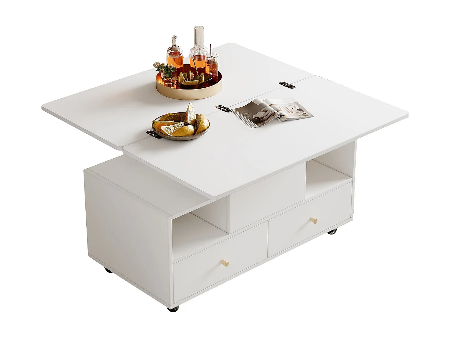 Salontafel 100×50×47.5 cm - met opklapfunctie - 4 laden - met draaibare wieltjes - wit