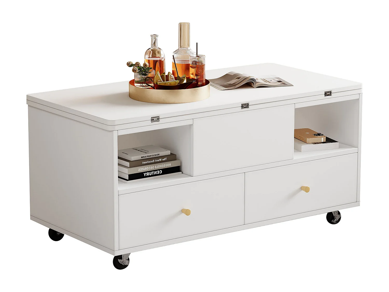 Salontafel 100×50×47.5 cm - met opklapfunctie - 4 laden - met draaibare wieltjes - wit