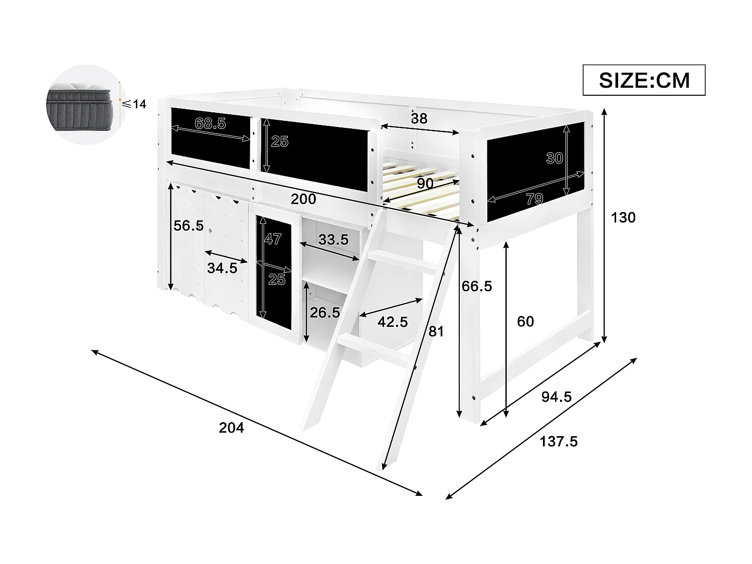 Lit mezzanine 90x200 cm - avec tableau noir - avec 3 portes et une échelle - bois massif + MDF - Blanc (sans matelas)