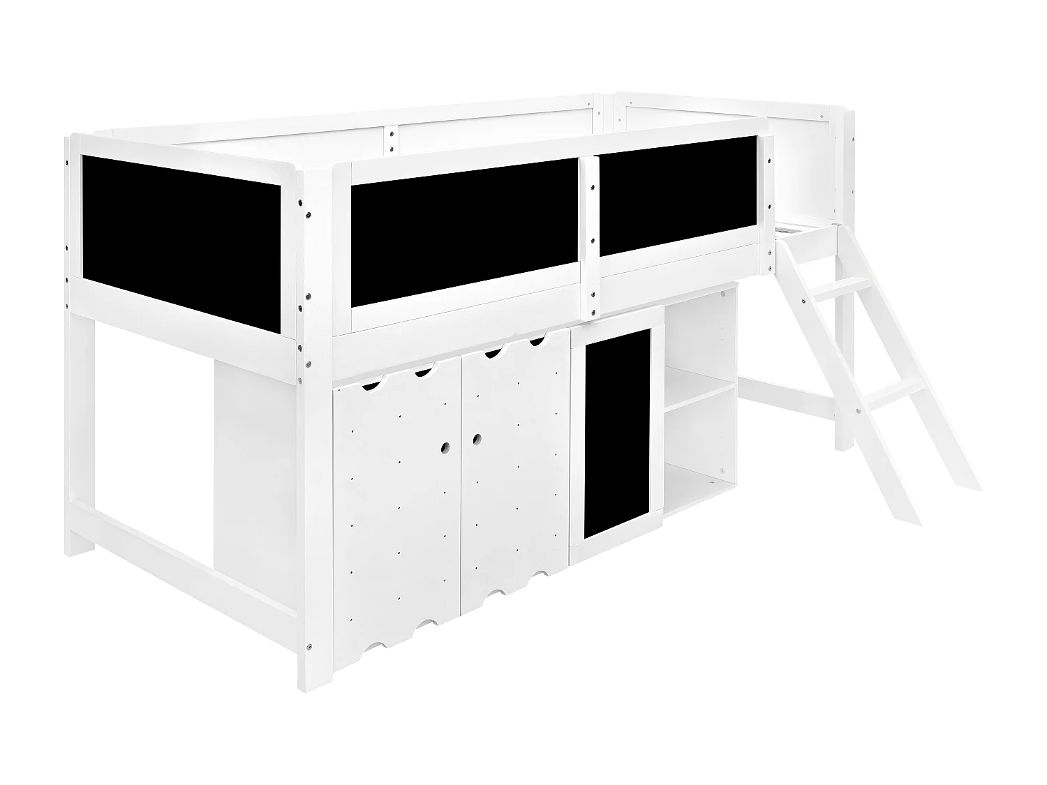 Lit mezzanine 90x200 cm - avec tableau noir - avec 3 portes et une échelle - bois massif + MDF - Blanc (sans matelas)