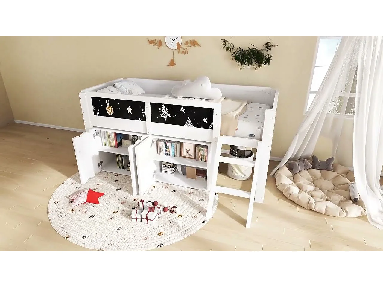 Hochbett 90x200 cm - mit Tafel - mit 3 Türen und einer Leiter - Massivholz + MDF - Weiß (ohne Matratze)