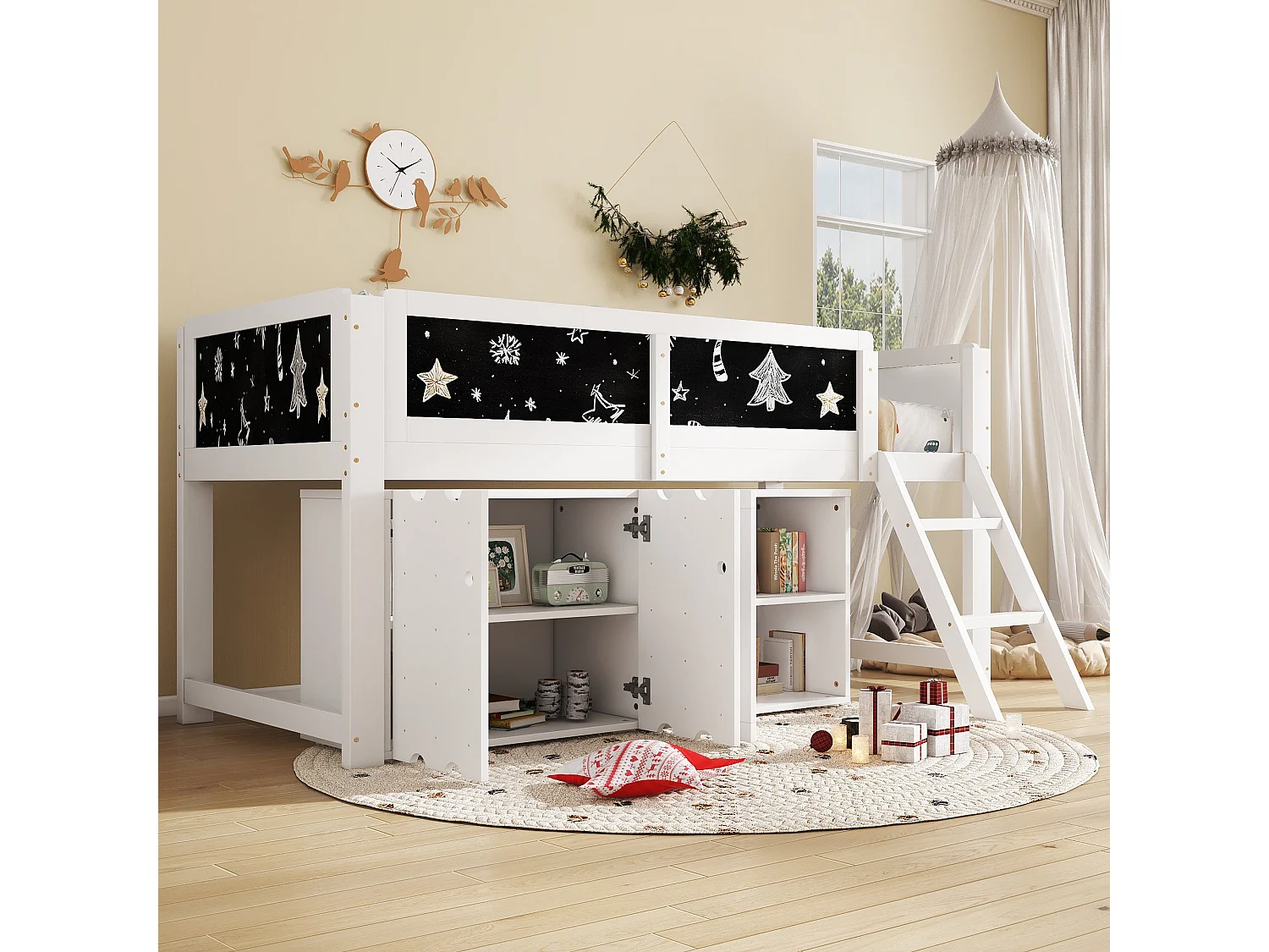 Hochbett 90x200 cm - mit Tafel - mit 3 Türen und einer Leiter - Massivholz + MDF - Weiß (ohne Matratze)