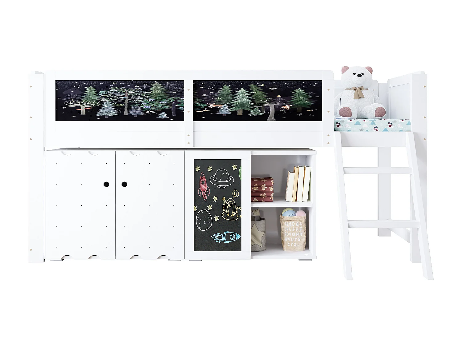 Hochbett 90x200 cm - mit Tafel - mit 3 Türen und einer Leiter - Massivholz + MDF - Weiß (ohne Matratze)