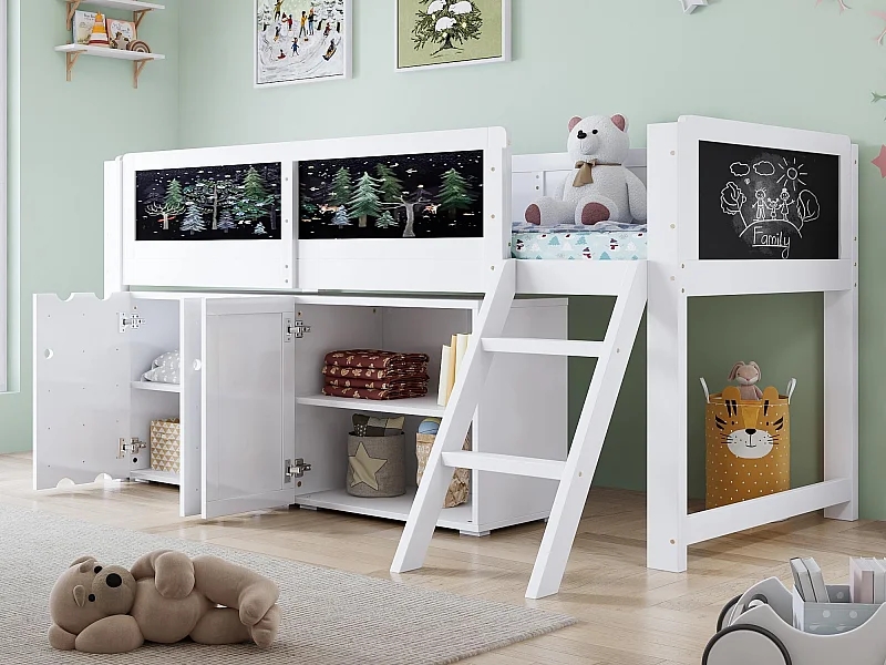 Hochbett 90x200 cm - mit Tafel - mit 3 Türen und einer Leiter - Massivholz + MDF - Weiß (ohne Matratze)