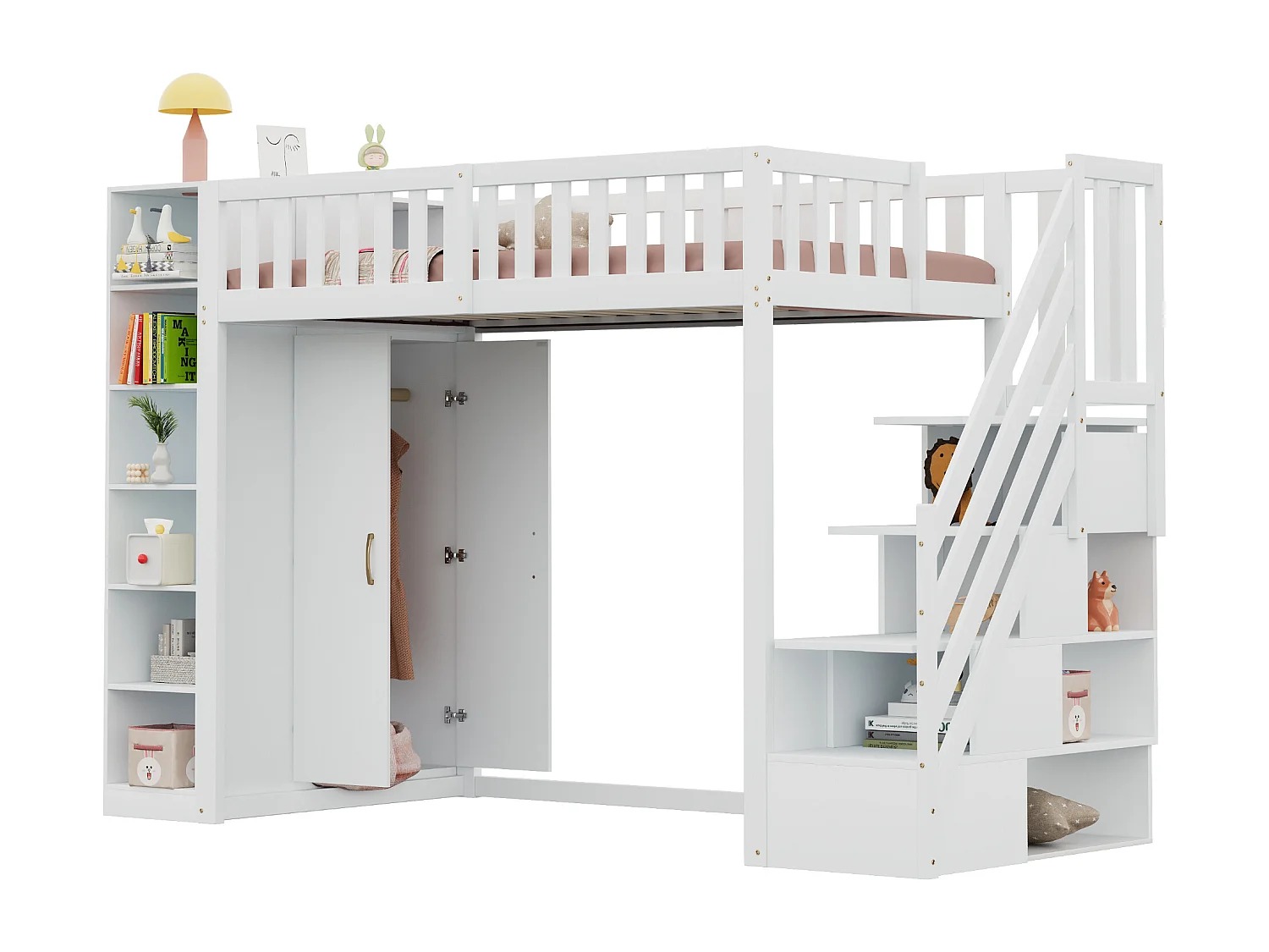 Hoogslaper 90x200 cm - met planken - met vakken en kasten - met ladder - wit (matras niet inbegrepen)