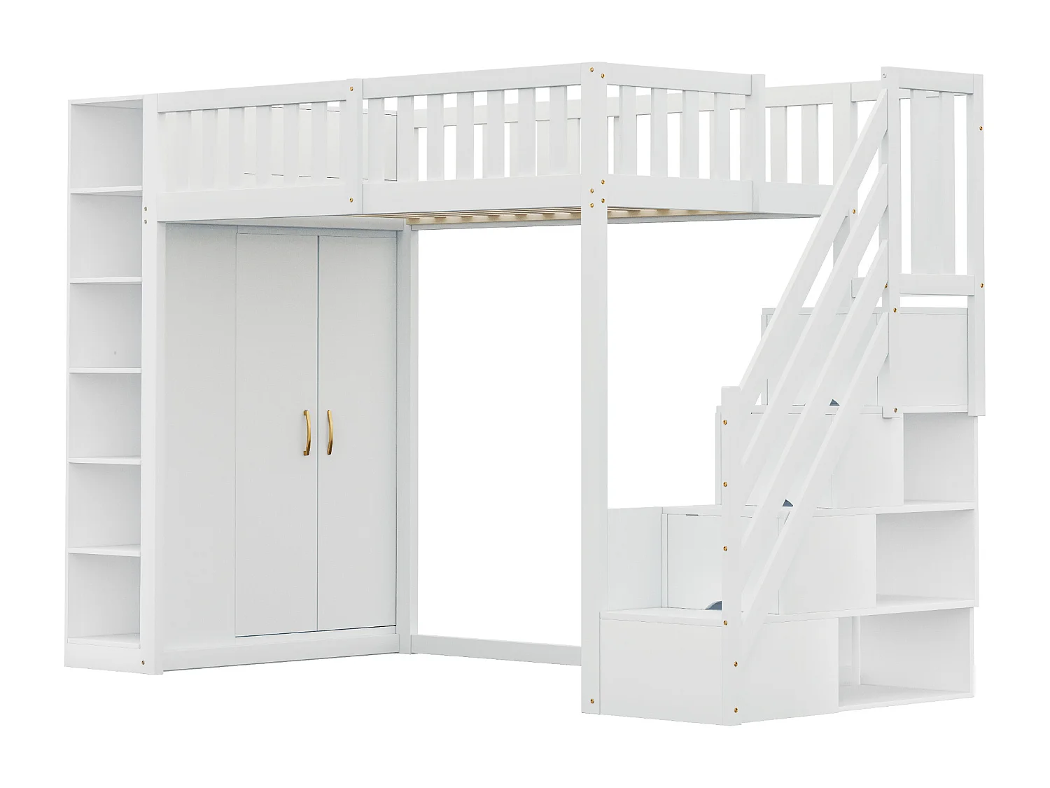 Hoogslaper 90x200 cm - met planken - met vakken en kasten - met ladder - wit (matras niet inbegrepen)