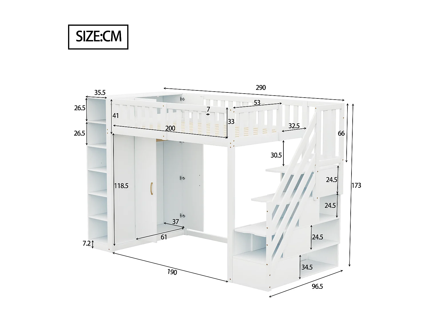 Letto soppalcato 90x200 cm - con ripiani - con scomparti e armadi - con scala - bianco (materasso non incluso)