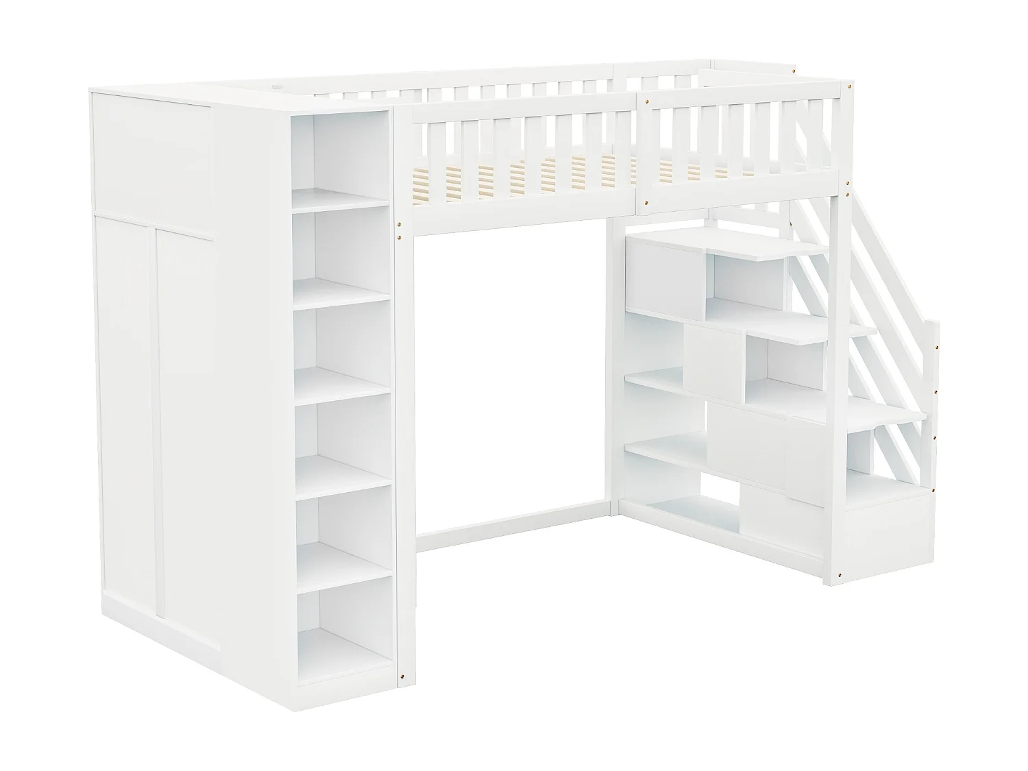 Letto soppalcato 90x200 cm - con ripiani - con scomparti e armadi - con scala - bianco (materasso non incluso)