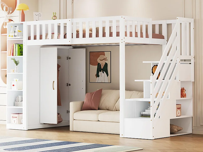 Letto soppalcato 90x200 cm - con ripiani - con scomparti e armadi - con scala - bianco (materasso non incluso)