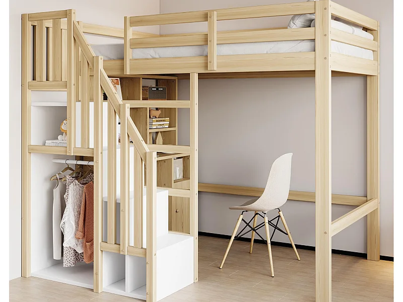 Lit mezzanine 90x200 cm - avec étagères - avec plan de travail - avec échelle - naturel (matelas non inclus)
