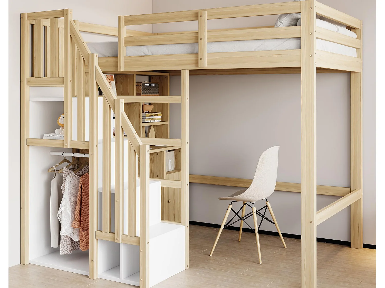 Lit mezzanine 90x200 cm - avec étagères - avec plan de travail - avec échelle - naturel (matelas non inclus)