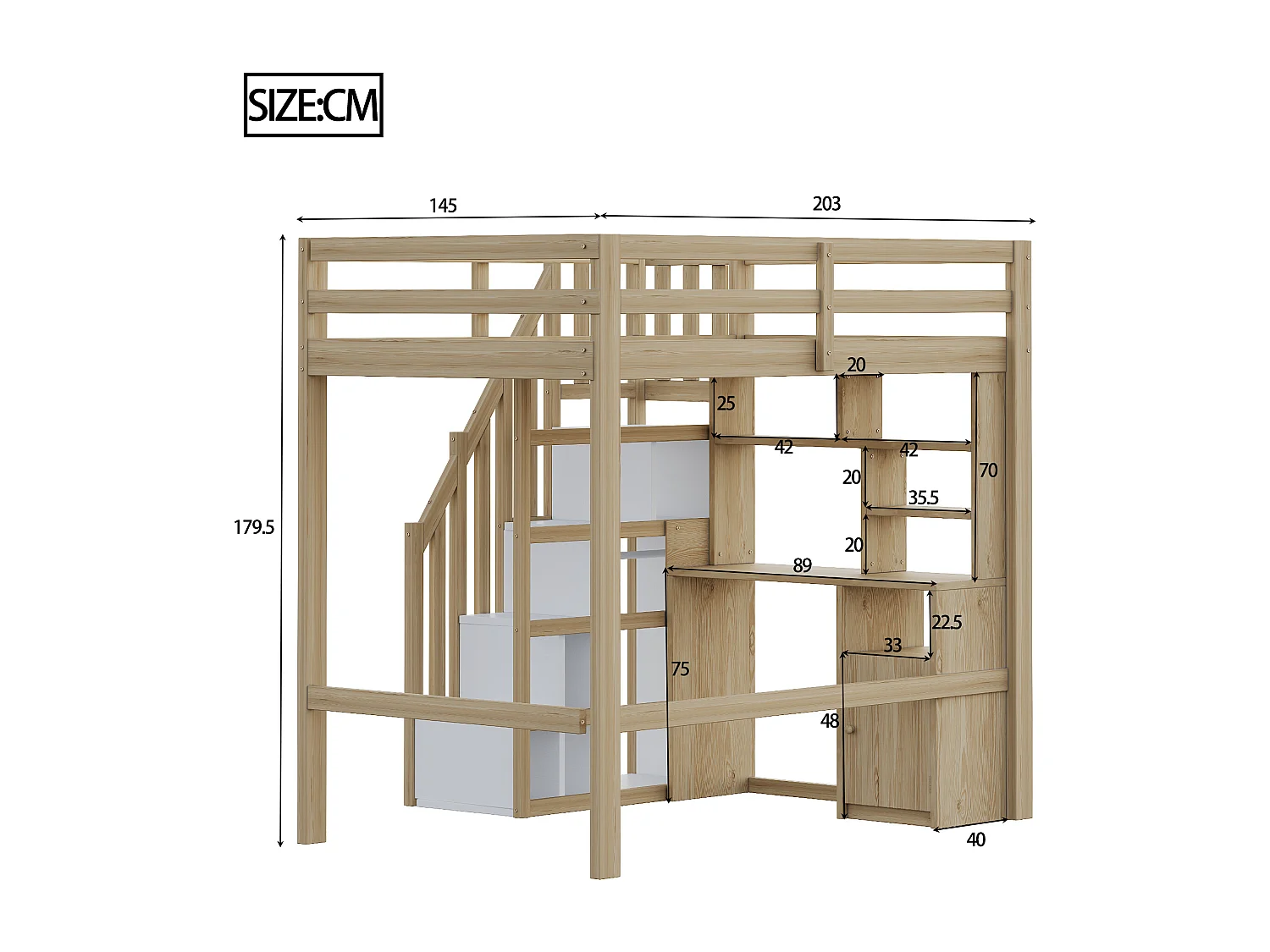 Lit mezzanine 90x200 cm - avec étagères - avec plan de travail - avec échelle - naturel (matelas non inclus)