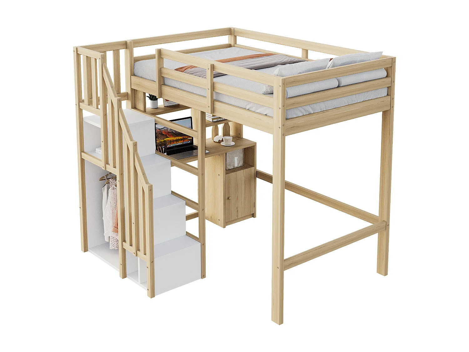 Lit mezzanine 90x200 cm - avec étagères - avec plan de travail - avec échelle - naturel (matelas non inclus)