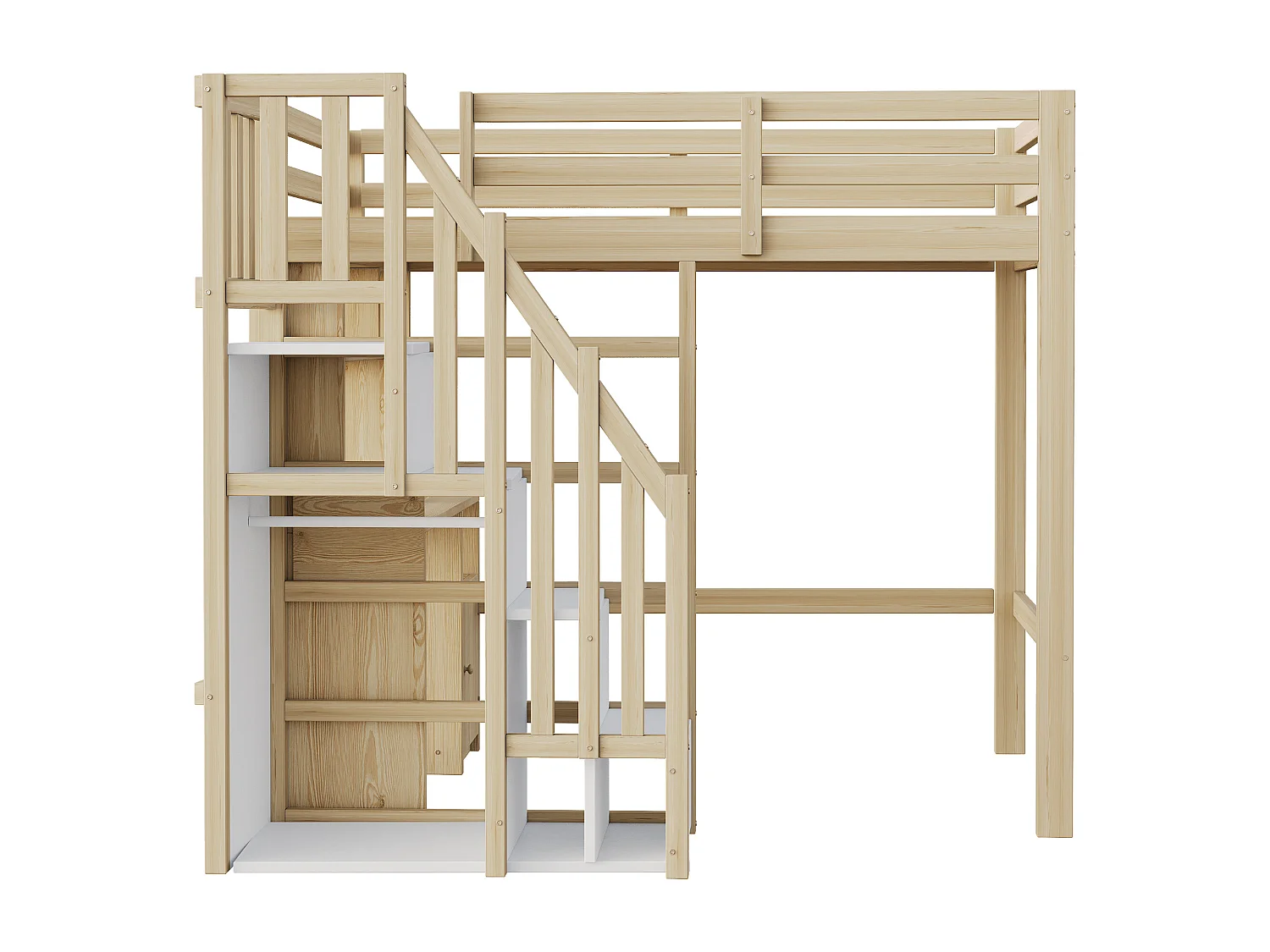 Lit mezzanine 90x200 cm - avec étagères - avec plan de travail - avec échelle - naturel (matelas non inclus)