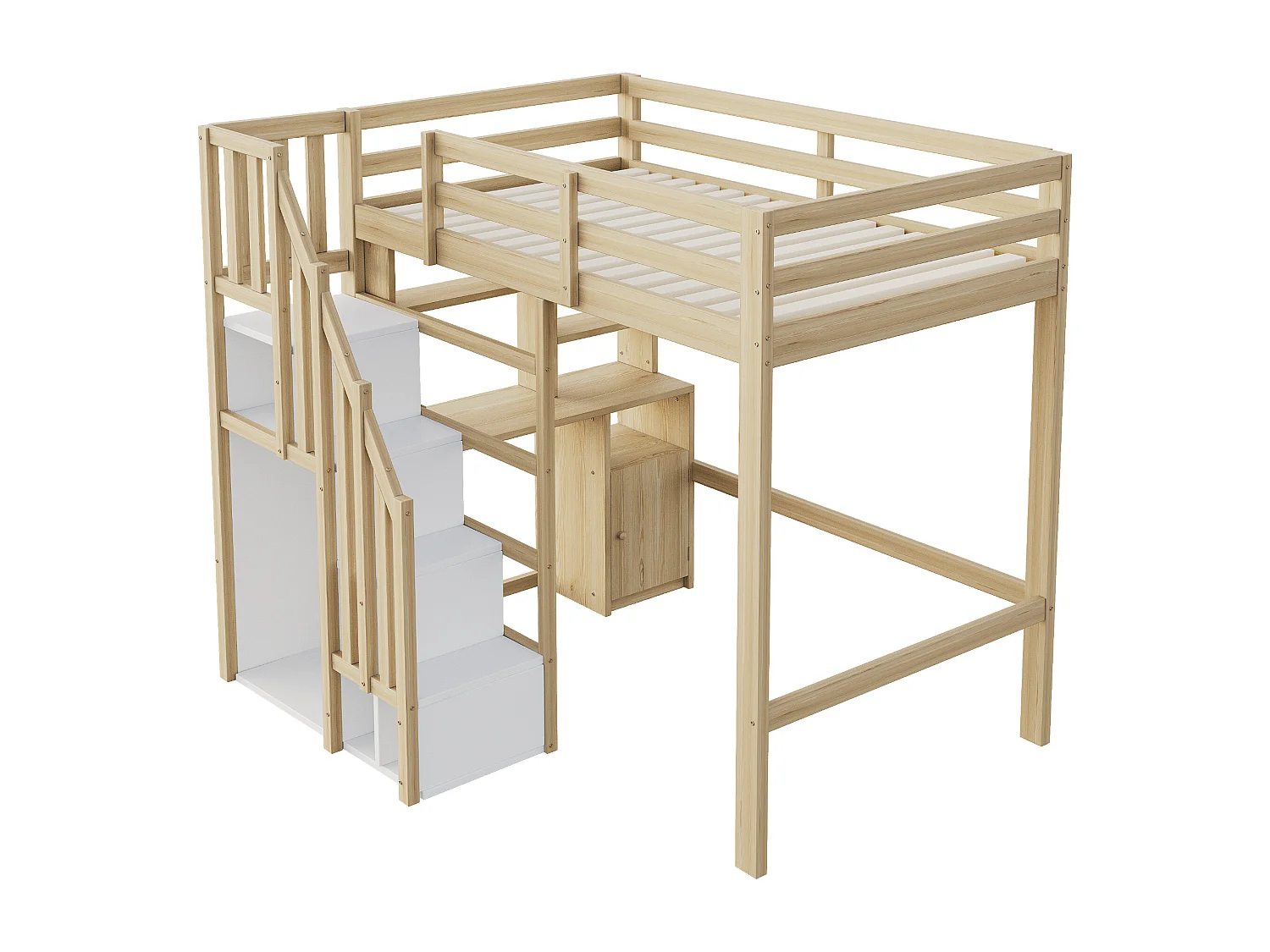 Lit mezzanine 90x200 cm - avec étagères - avec plan de travail - avec échelle - naturel (matelas non inclus)