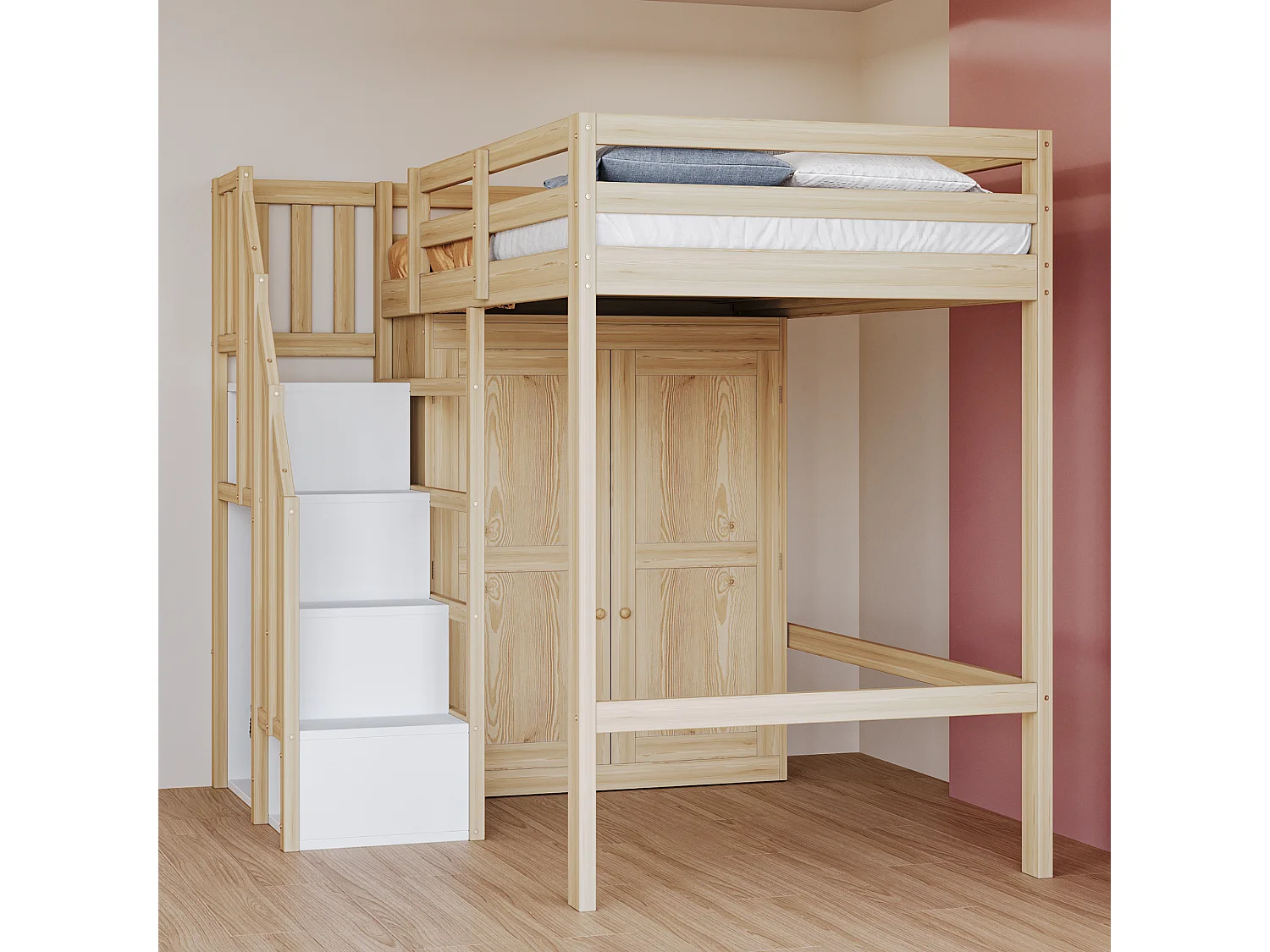 Lit mezzanine 90x200 cm - avec échelle de sécurité + armoire - cadre en bois massif - naturel (matelas non inclus)