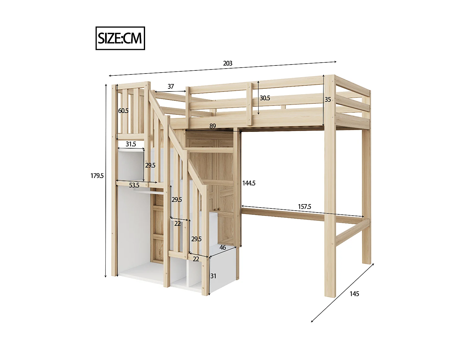 Letto soppalcato 90x200 cm - con scala di sicurezza + armadio - telaio in legno massello - naturale (materasso non incluso)