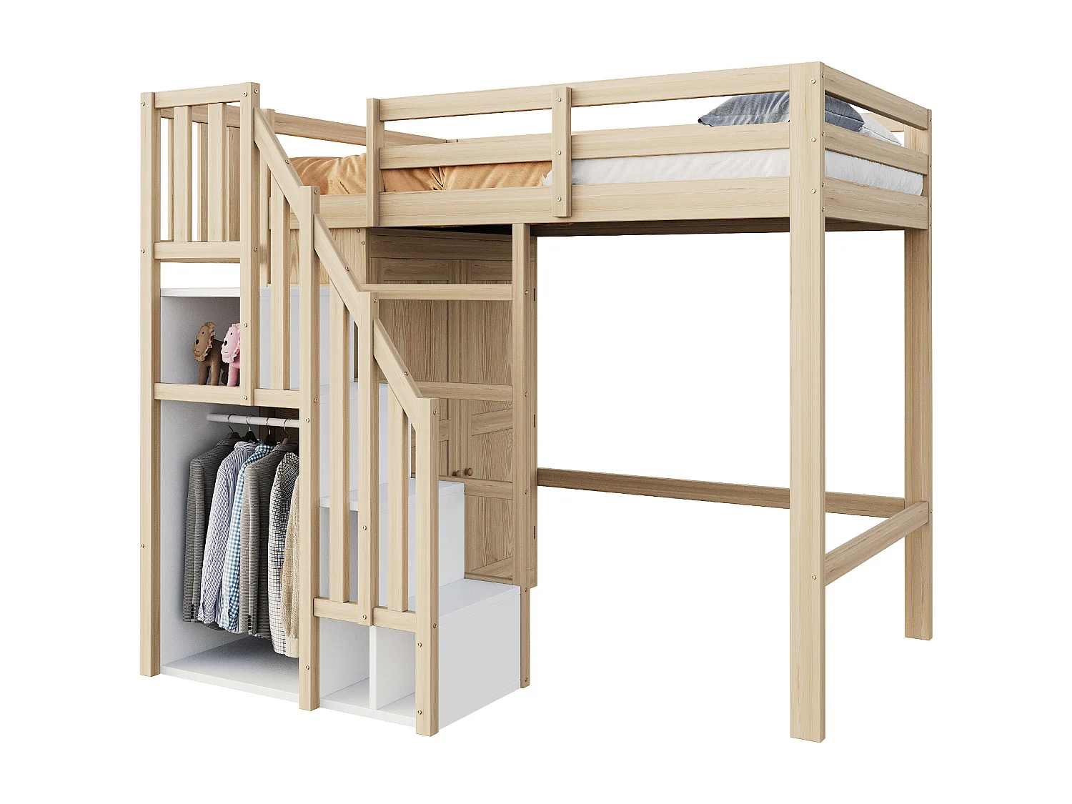 Letto soppalcato 90x200 cm - con scala di sicurezza + armadio - telaio in legno massello - naturale (materasso non incluso)