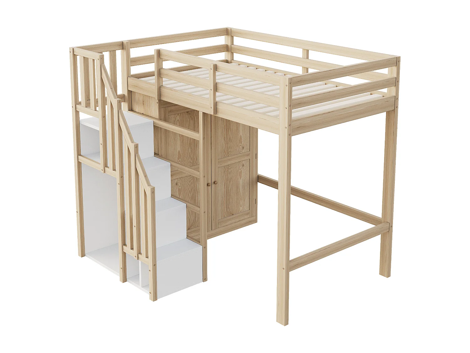 Letto soppalcato 90x200 cm - con scala di sicurezza + armadio - telaio in legno massello - naturale (materasso non incluso)