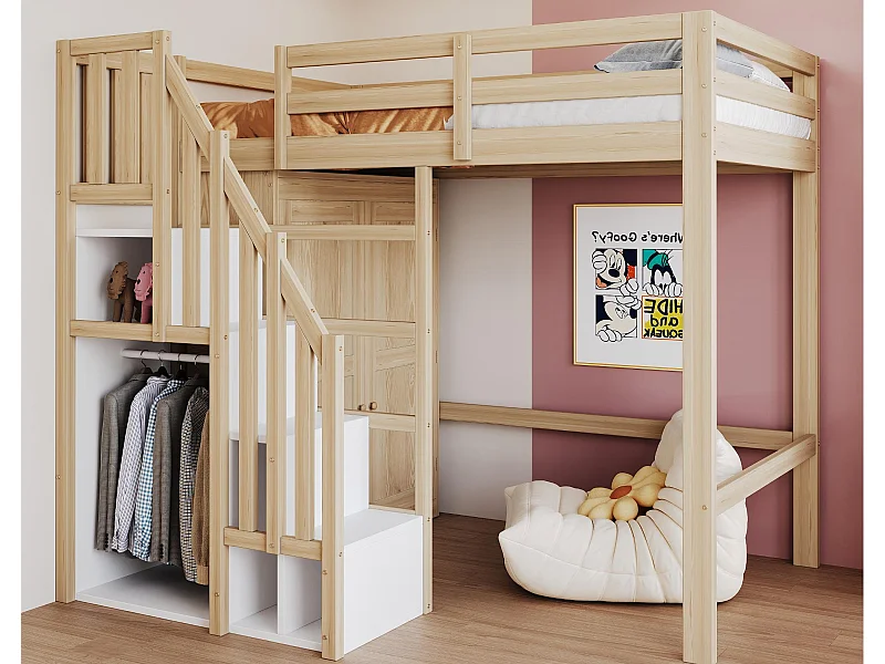 Lit mezzanine 90x200 cm - avec échelle de sécurité + armoire - cadre en bois massif - naturel (matelas non inclus)
