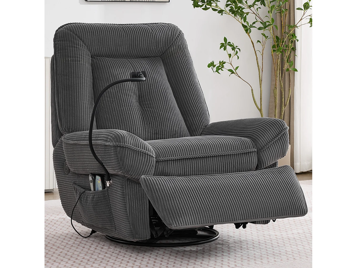 Fauteuil - avec fonctions de massage et de chauffage - rotation à 360° - avec support pour téléphone et port USB - gris